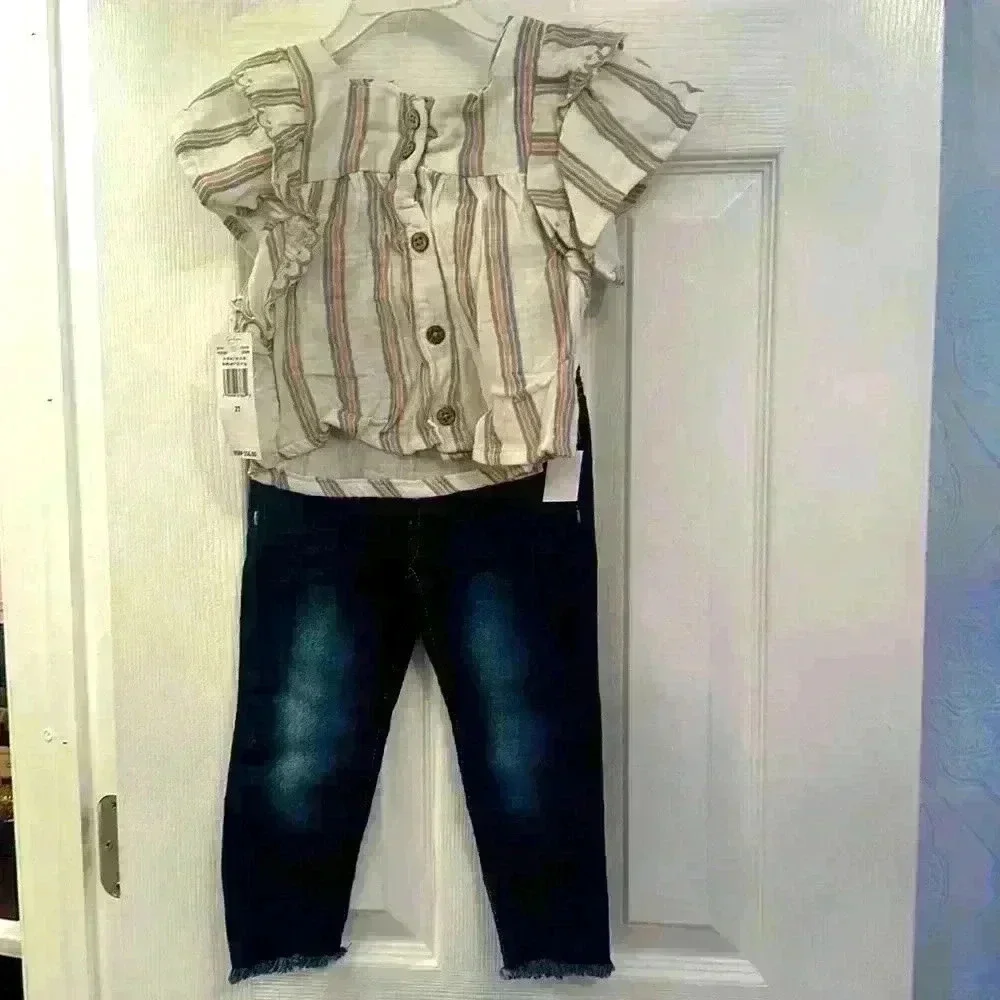 NWT - Jessica Simpson 2pc Ruffle Top Denim Pant Set - 2T